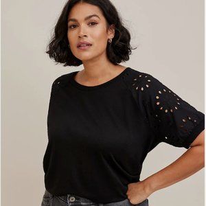 Torrid LT WEIGHT FRENCH TERRY CREW NECK EYELET RAGLAN BLACK TOP SIZE 18/20 (2)
